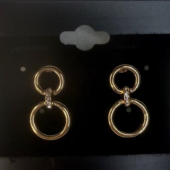 Gold Double Hoop Drop Earrings with Rhinestone Accent • Minimalist Chic Jewelry - Picture 2 of 3